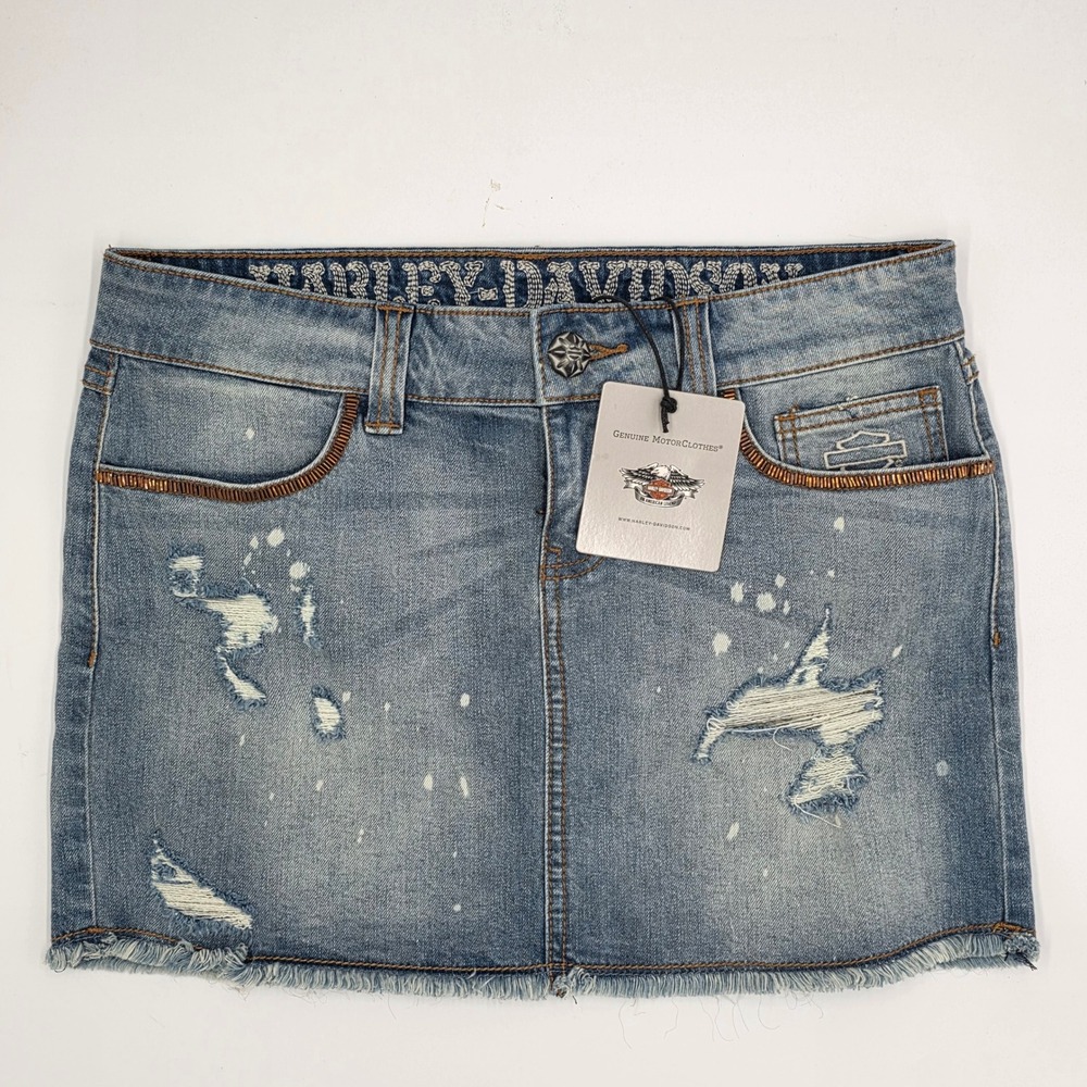Harley-Davidson Womens Distressed Denim Mini Skirt Blue Beaded 96005-15VW Size 6